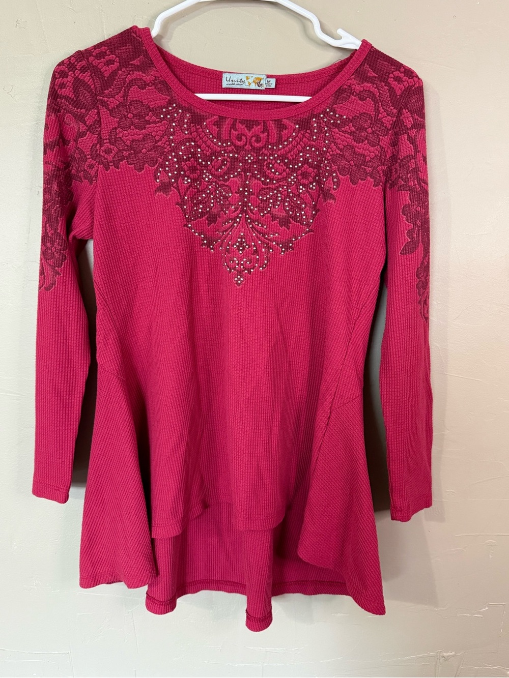 Unity World Wear Raspberry Lace-Yoke Long Sleeve Top with Rhinestones